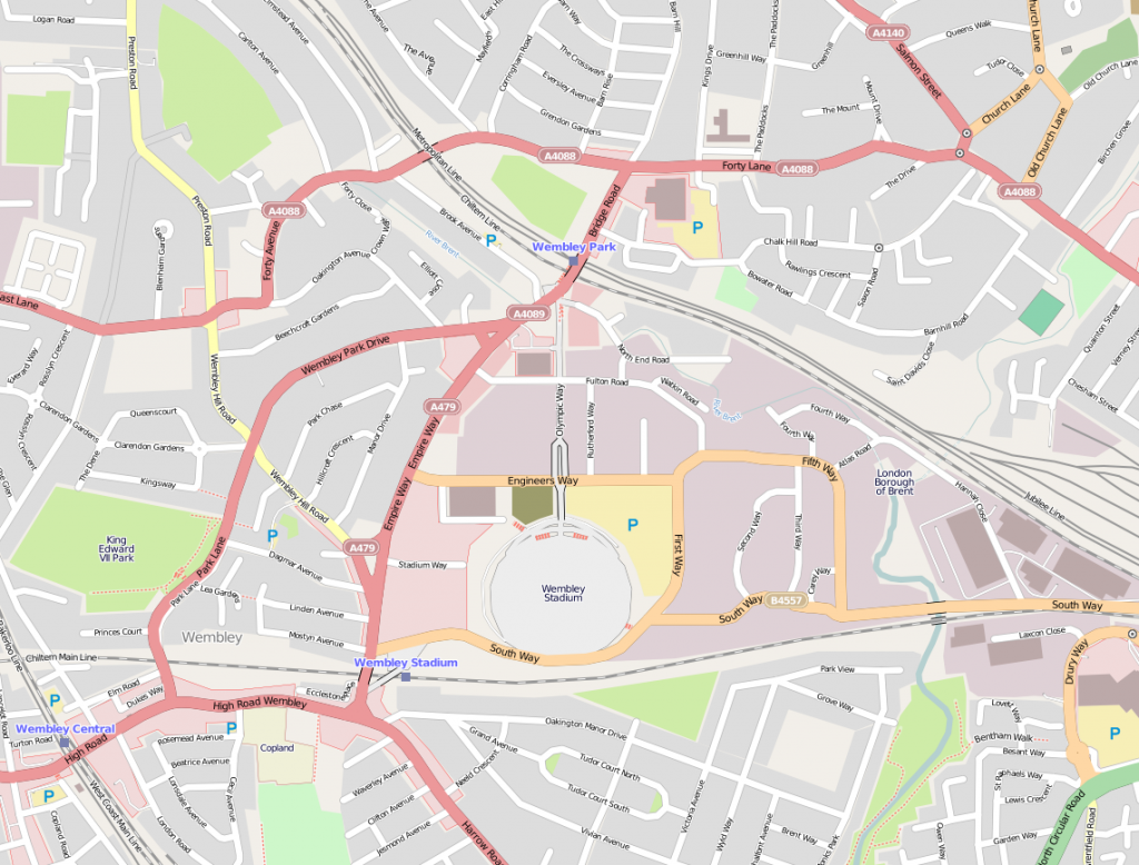 Imagen 6. Esta imagen muestra el emplazamiento del estadio Wembley en el contexto general del transporte público de la zona. Se pueden apreciar las tres estaciones del tren que sirven al estadio: Wembley Park, Wembley Stadium y Wembley Central. La estación Wembley Park es la principal, y conecta a los asistentes al sistema de metro conocido como London Underground®. Fuente: Sitio web del Estadio Wembley.